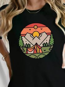Women's Camping & Hiking Graphic Tee - Short Sleeve Crew Neck, Nature-Inspired Design with Mountains, Trees & (Color: Black, size: S)