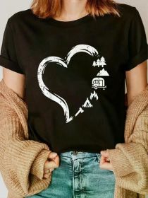 Trees RV Van Campfire Tent Heart Cute Love Camping Camper T-Shirt Casual Short Sleeve Shirt (Color: Black, size: M)