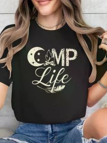 Women's Casual Short Sleeve Round Neck T-shirt - Camp Life Pattern Print, 100% Relaxed Fit (Color: Black, size: S)