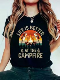 Life Is Better At The Campfire Funny Camper Camp Women T Shirt, Short Sleeve Round Neck Casual Top For Summer & (Color: Black, size: XXXL)