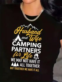 Women's Plus Size T-Shirt | 'Husband and Wife Camping Partners for Life' Graphic | 100% | Breathable & Comfortable | Round Neck, Short Sleeve (Color: Black, size: XXL)