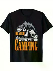 Life is Better When You're Camping" Men's Cotton T-Shirt - Casual Short Sleeve with Mountain & Tent Graphic, Round Neck, All-Season Comfort (Color: Black, size: M)