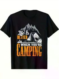 Life is Better When You're Camping" Men's Cotton T-Shirt - Casual Short Sleeve with Mountain & Tent Graphic, Round Neck, All-Season Comfort (Color: Black, size: XL)