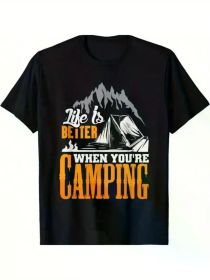 Life is Better When You're Camping" Men's Cotton T-Shirt - Casual Short Sleeve with Mountain & Tent Graphic, Round Neck, All-Season Comfort (Color: Black, size: S)