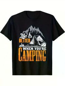 Life is Better When You're Camping" Men's Cotton T-Shirt - Casual Short Sleeve with Mountain & Tent Graphic, Round Neck, All-Season Comfort (Color: Black, size: XXXL)