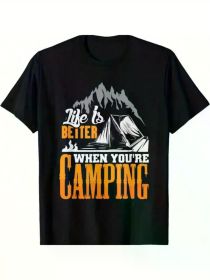 Life is Better When You're Camping" Men's Cotton T-Shirt - Casual Short Sleeve with Mountain & Tent Graphic, Round Neck, All-Season Comfort (Color: Black, size: L)