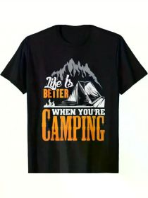 Life is Better When You're Camping" Men's Cotton T-Shirt - Casual Short Sleeve with Mountain & Tent Graphic, Round Neck, All-Season Comfort (Color: Black, size: XXL)