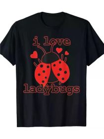 1pc Unisex Cotton Crew Neck T-Shirt with "I Love Ladybugs" Print, Casual Sports Tee for Hiking, Camping, Running, Daily Wear - Slight Stretch (Color: Black, size: XL)