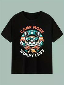 Men's Camp More Worry Less Cat Graphic T-Shirt - 100% Cotton, Soft & Breathable (Color: Black, size: XXL)